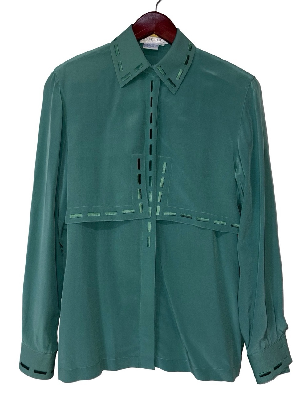 Vintage Blue Ice 100% Silk Green Blouse Shoulder Pads Size 4